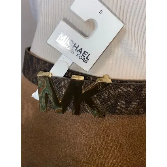 NWT Michael Kors Brown MK Logo Belt Gold Buckle Size Small - Picture 2 of 12